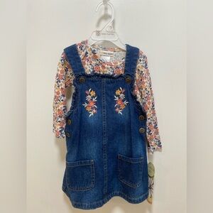 Daisy Fuentes Kids Denim Overall Dress with Floral Embroidery 2 Piece Set